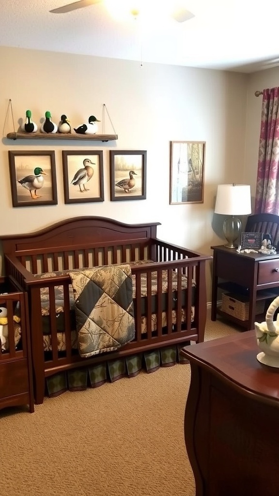 Duck hunting nursery with camouflage bedding, wooden furniture, and duck-themed decor.